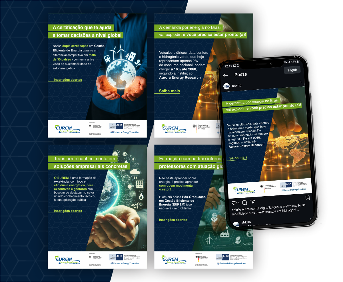 Trabalho de social media para as redes sociais da AHK Rio divulgando o curso de pós-graduação Eurem