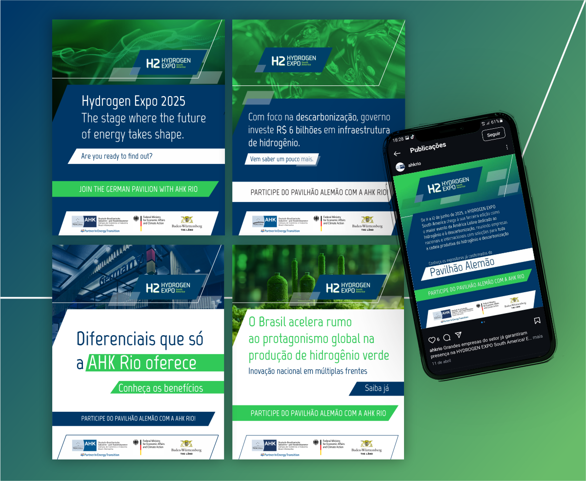 Trabalho de social media para as redes sociais da AHK Rio divulgando o evento Hydrogen Expo