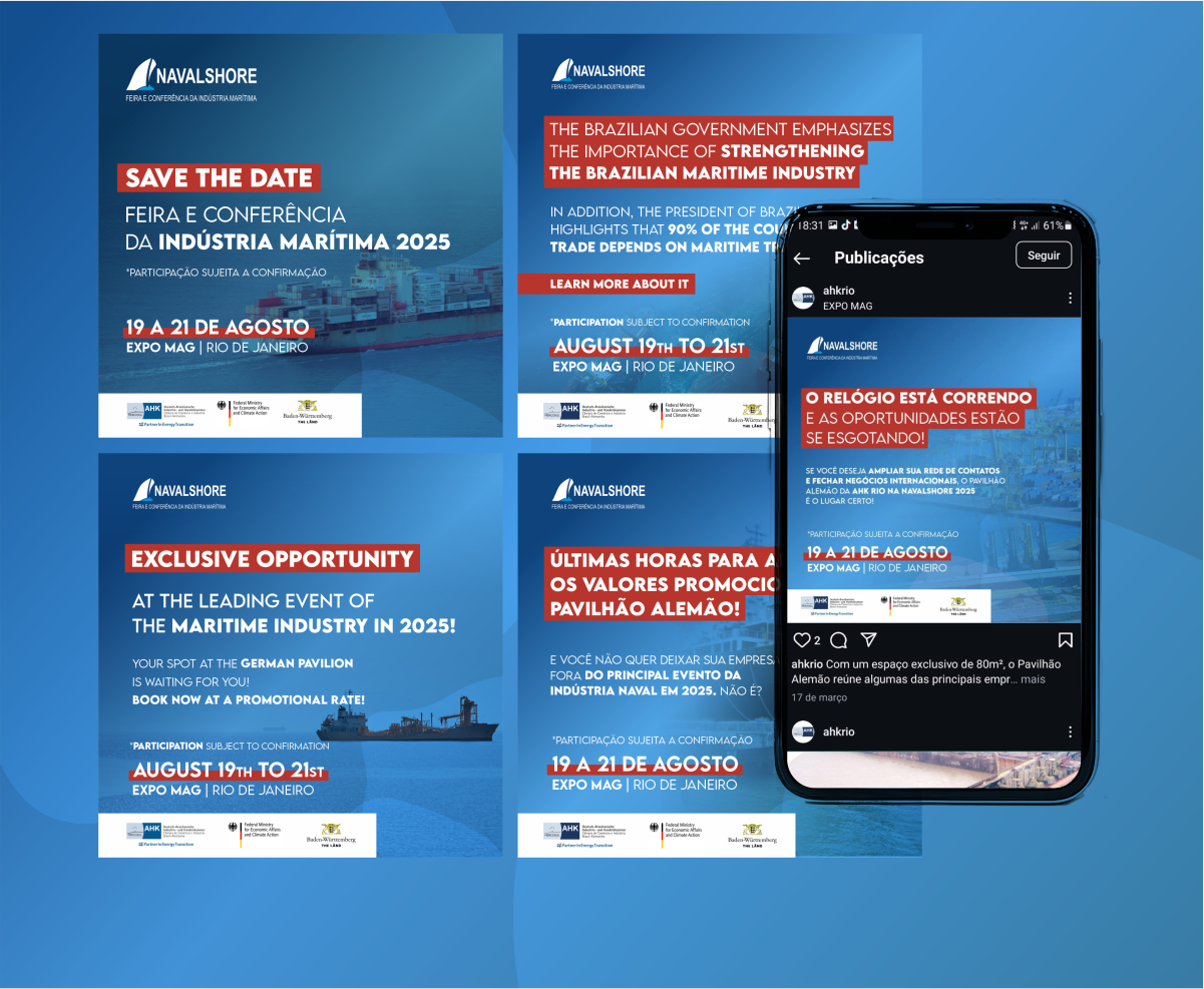 Trabalho de social media para as redes sociais da AHK Rio divulgando o evento Navalshore