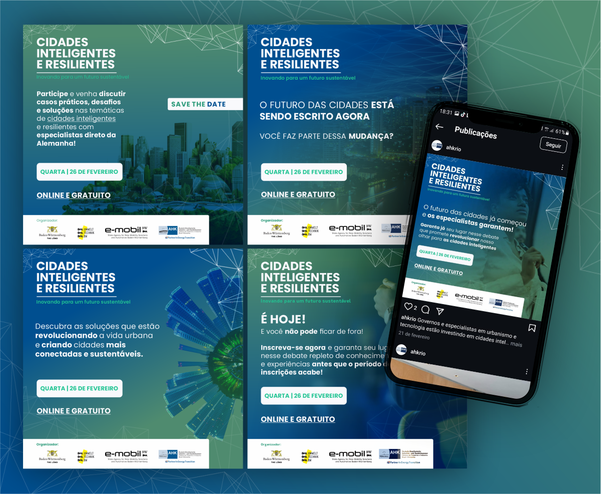 Trabalho de social media para as redes sociais da AHK Rio divulgando o webinar Smart Cities